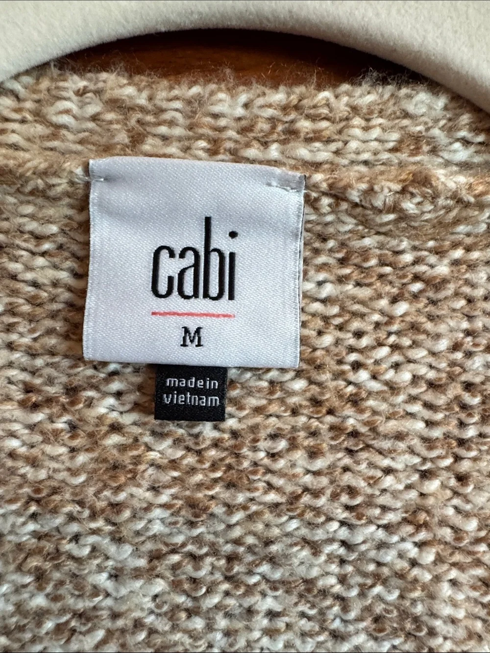CAbi Two-Tone Open-Front Cardigan in an orangish and grey color